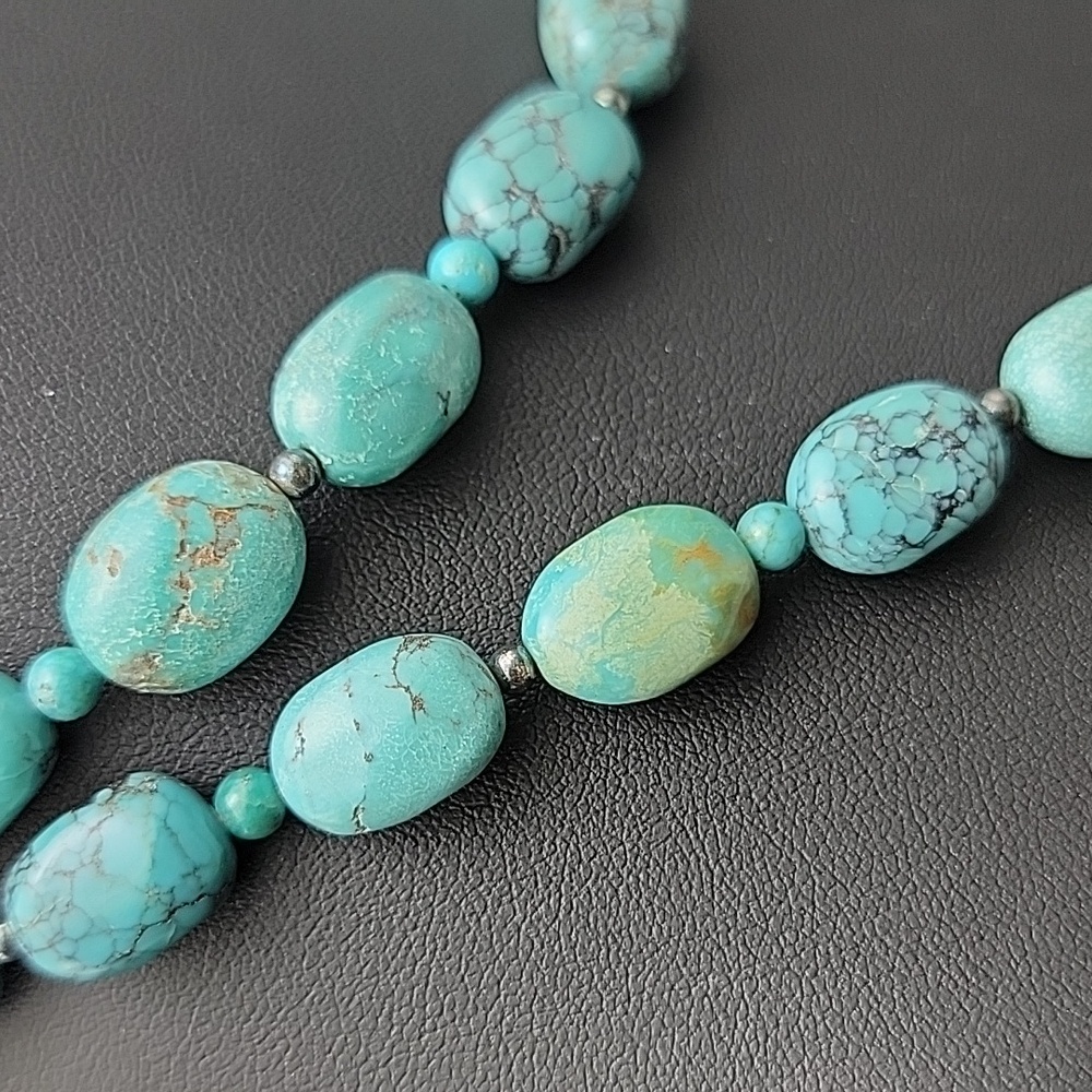 Genuine Turquoise 925 Sterling Silver Hematite Beaded Necklace 11x14mm Beads - Picture 4 of 11